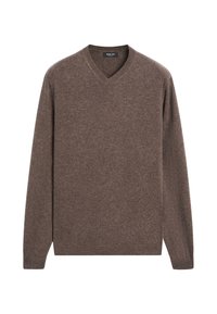 Brown, V-neck sweater made from soft fabric, featuring long sleeves and a smooth texture. A simple, unobtrusive design without patterns.