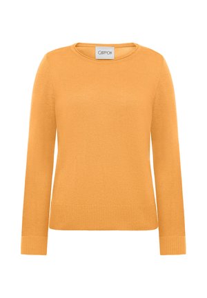 Musztardowożółty sweter z długimi rękawami, okrągłym dekoltem, prążkowanym wykończeniem na dole i mankietach, wykonany z miękkiego dzianinowego materiału o gładkiej fakturze.