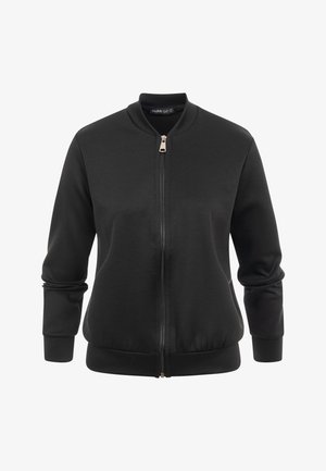 Giubbotto bomber nero con cerniera frontale, collo, polsini e orlo a coste, mostrato su sfondo bianco.