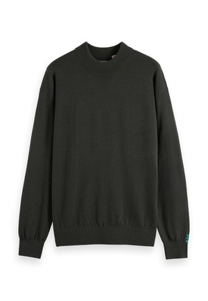 Donkergroen, lange mouwen trui met een hoge hals en geribbelde manchetten. Zachte textuur, relaxte pasvorm, met subtiele accentsteek om de mouwen.