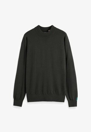 Donkergroen, lange mouwen trui met een hoge hals en geribbelde manchetten. Zachte textuur, relaxte pasvorm, met subtiele accentsteek om de mouwen.