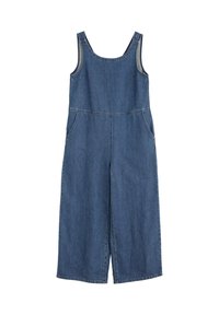 Denim overall kombinezon srednje modre barve, brez rokavov, z dvema stranskima žepoma, širok kroj nogavic in gumbnim zapiranjem na rami.