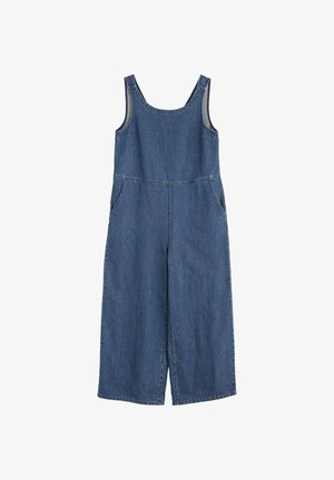 Denim tuinbroek in mediumblauw, mouwloos met twee zijzakken, wijde broekspijpen en een knoopsluiting op de schouder.