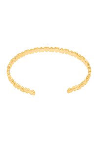 Gouden manchettenarmband met een gestructureerd, golvend oppervlak. Open ontwerp met taps toelopende uiteinden en afwisselend verheven en gladde elementen.