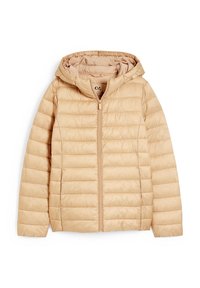 Světle béžová prošívaná bunda s kapucí, předním zipem a bočními kapsami, vystavená na bílém pozadí.