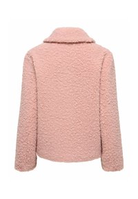 Fuzzy pink fleece jacket with a collar, textured surface, and long sleeves. No fastenings visible; solid color with a soft appearance.