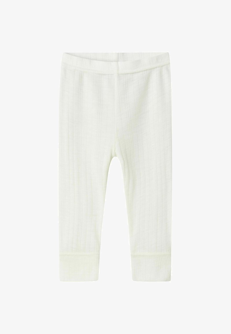 Leggings pour bébés en maille côtelée blanche douce avec une taille élastique et des ourlets aux chevilles resserrés.
