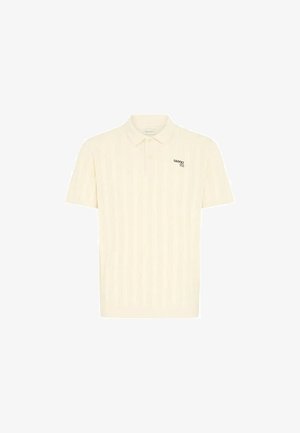 Polo a maniche corte color crema con righe verticali a rilievo e piccolo logo nero "blends" sul petto sinistro.