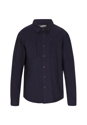 Mørkeblå button-up skjorte med klassisk krave, to brystlommer, lange ærmer og glat bomuldsstof.