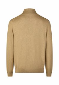 Hellbrauner strickpullover mit hohem Kragen, geripptem Bündchen und Saumdetail, mit glatter Textur und einfachem, klassischem Design.