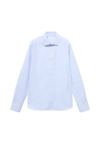 Camicia a maniche lunghe di colore azzurro chiaro realizzata in tessuto liscio, con chiusura a bottoni, colletto a punta e polsini standard.