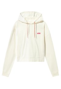 Sudadera corta de color crema hecha de tela suave, que presenta una capucha con cordones retorcidos en rojo y blanco y un pequeño logotipo rojo de "VANS".