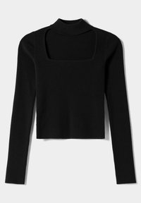 Czarny, prążkowany sweter z kołnierzykiem typu turtleneck, z kwadratowym wycięciem w dekolcie i długimi rękawami. Charakteryzuje się cropped, dopasowanym krojem oraz teksturowanym materiałem.