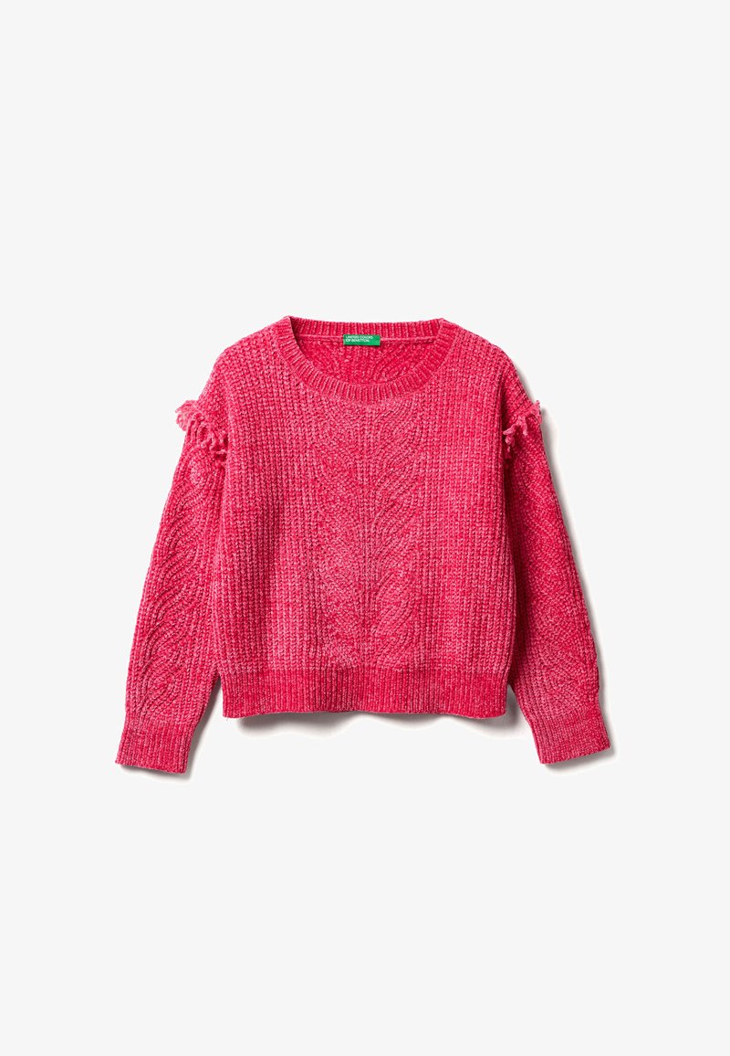 Rosa gestrickter Pullover mit strukturiertem Muster, rundem Ausschnitt und Fransenverzierungen an den Ärmeln. Kurz geschnitten und mit geripptem Saum.