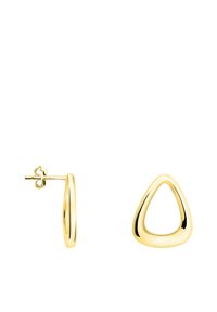 Goldene Ohrringe in dreieckiger Form mit einer glatten, polierten Oberfläche und einem Steckverschluss. Minimalistisches Design mit klaren Linien.