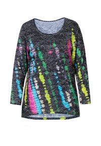 Haut à manches longues avec une base noire ornée d'éclaboussures verticales colorées en rose, vert, bleu et jaune, dans un motif texturé. Encolure ronde.