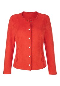 Veste en suède rouge avec manches longues, fermeture à boutons-pression, encolure ronde et surpiqûres décoratives sur le col et les poches.