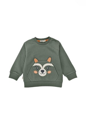 Grüner Pullover aus weichem Stoff, mit einem Waschbären-Gesicht-Design auf der Vorderseite, gerippten Bündchen und einem runden Ausschnitt mit Druckknopfverschluss.