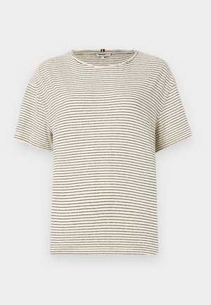 Pasiasta, krótki rękaw T-shirt w kolorze kremowym z czarnymi poziomymi paskami. Posiada okrągły dekolt i luźny krój. Wykonany z miękkiego materiału.
