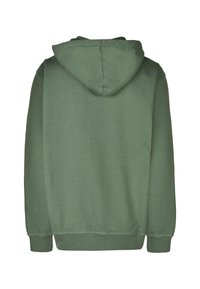 Hooded sweatshirt in olive green, featuring a soft texture, ribbed cuffs, and hem. The back is plain with no additional details.