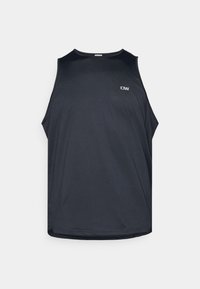 Schwarzes sportliches Tanktop aus einem strukturierten, atmungsaktiven Material. Mit Rundhalsausschnitt und weiten Armausschnitten. Kleines Logo auf der Vorderseite.