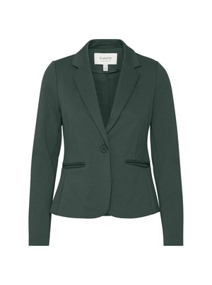 Tmavě zelený blejzr vyrobený z hladkého materiálu, s klopovým límcem, jedním knoflíkovým zapínáním a dvěma předními kapsami s detailním lemováním.