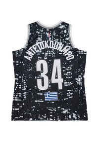 Black basketball jersey with a cityscape pattern, featuring white name "ANTETOKOUNMPO," number "34," and Greek flag on the lower section.