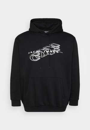 Sweat-shirt à capuche noir avec une poche kangourou à l'avant, un col à cordon de serrage et un texte graphique blanc avec lettrage en contour.