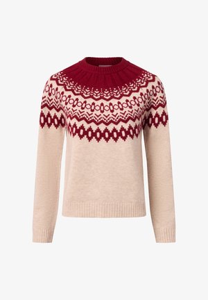 Strickpullover mit cremefarbenem Körper und rotem gemustertem Einsatz. Runder, gerippter Kragen, lange Ärmel und gerippter Saum.
