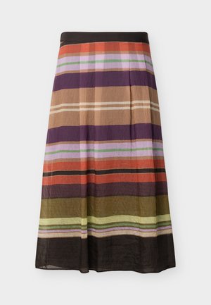 Dolga krilo v obliki črke A z vodoravnimi črtami v oranžni, vijolični, rjavi, zeleni, roza in bež barvi ter črnim pasom.