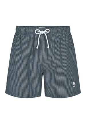 Herren-Badeshorts aus leichtem Stoff, mit vertikalen dunkelgrauen und hellblauen Streifen, einem elastischen Bund und einem Kordelzug.