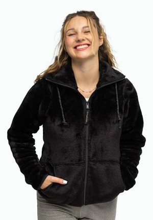 Schwarze Fleece-Zipjacke mit hohem Kragen, Fronttaschen und Kordeln. Weicher Stoff und lange Ärmel.