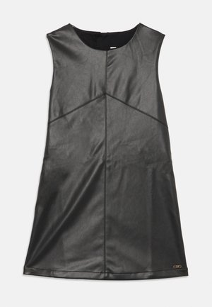 Black leather sleeveless dress featuring a rounded neckline, diagonal seams, and a side logo accent at the hem. Smooth texture.