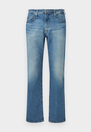 Blauwe denim broek, met rechttoe-rechtaan design en een vervaagde wassing, voorzien van een klassieke vijf-pocket stijl en metalen hardware accenten.