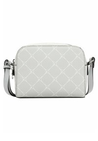 Sac bandoulière gris clair avec un motif en losanges de petits cercles et tirets, une bandoulière réglable et une fermeture éclair.