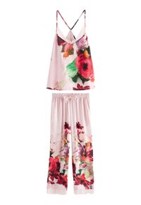 Blumenmuster Pyjama-Set mit einem hellrosa Top mit verstellbaren Trägern und passenden Hosen mit elastischem Bund und Schleifendetail.