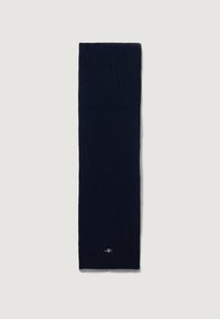 Sciarpa in maglia a coste di colore blu navy con una texture liscia, dotata di un piccolo logo in basso e di un bordo grigio chiaro a contrasto.