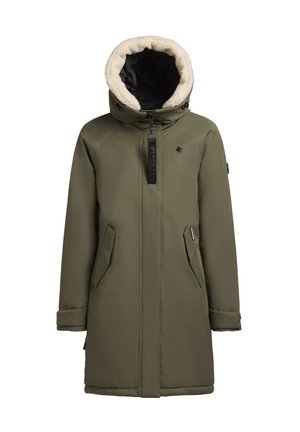 Olivově zelená parka s kapucí lemovanou umělou kožešinou, s kapsami na zip a zipovým zapínáním. Má decentní logo na hrudi a nastavitelné manžety.