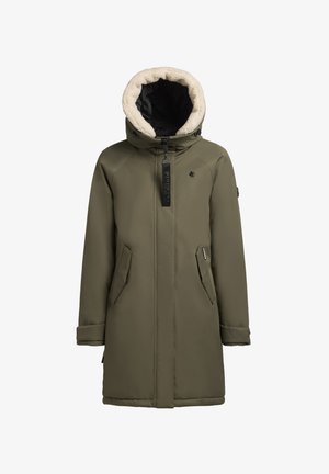 Olivově zelená parka s kapucí lemovanou umělou kožešinou, s kapsami na zip a zipovým zapínáním. Má decentní logo na hrudi a nastavitelné manžety.