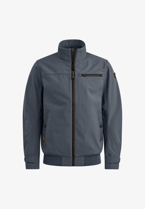 Donkergrijs herenjack met hoge kraag, ritssluiting aan de voorkant, twee zijzakken met knopen en een borstzak met rits, gemaakt van gladde stof.