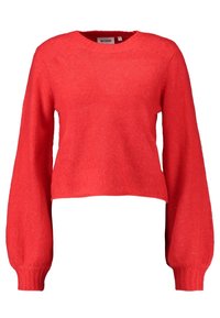 Punainen lyhyt neulepusero, jossa pitkät, ilmavat hihat. Kuvioitu neuloskangas, pyöreä pääntie ja resorireunukset hihoissa. Merkkilappu näkyy kauluksen sisäpuolella.