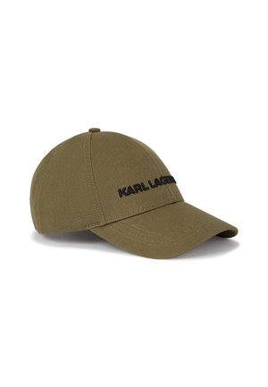 Cappellino da baseball verde oliva in tessuto texture, con visiera curva e logo ricamato nero "KARL LAGERFELD" sul davanti.