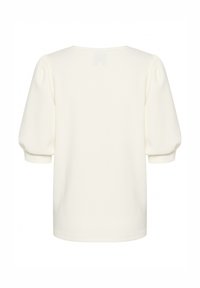 Witte, korte mouwen top met pofmouwen en een ronde halslijn. Zachte, gladde stof met een eenvoudig, strak ontwerp. Geen zichtbare patronen of accenten.