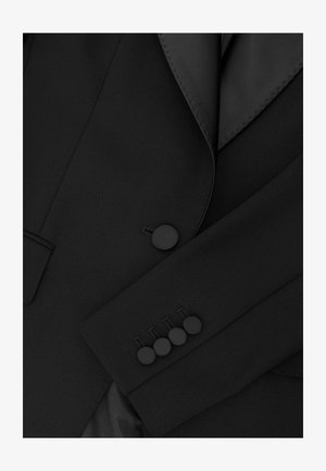 Černý blazer s elegantními saténovými klopami, strukturovanou tkaninou, kulatým zapínáním a pěti knoflíky na manžetách pro zvýraznění detailu.