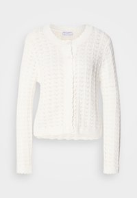 Weiße Strickjacke mit einem strukturierten Muster, gerundetem Ausschnitt und gewellten Kanten. Verfügt über fünf Knöpfe auf der Vorderseite.