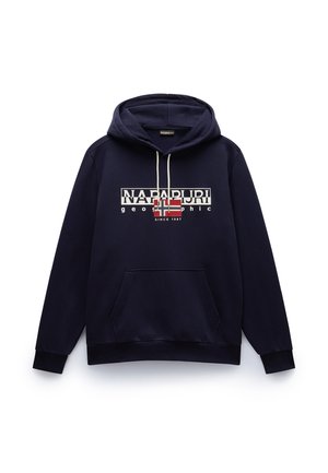 Sudadera con capucha azul marino y bolsillo frontal, que presenta un diseño de logo en blanco y rojo, textura suave y cordón ajustable.