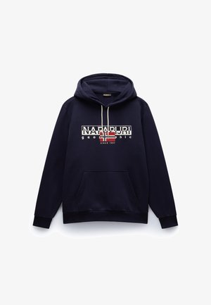 Granatowa bluza z kapturem z przednią kieszenią, z białym i czerwonym wzorem logo, miękka w dotyku i z regulowanym sznurkiem.