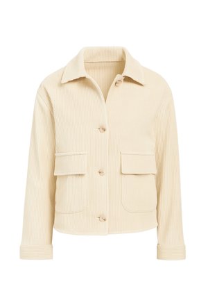 Beige Cord-Jacke mit Kragen, vorderem Knopfverschluss und zwei aufgesetzten Taschen. Strukturierter Stoff mit geripptem Muster.