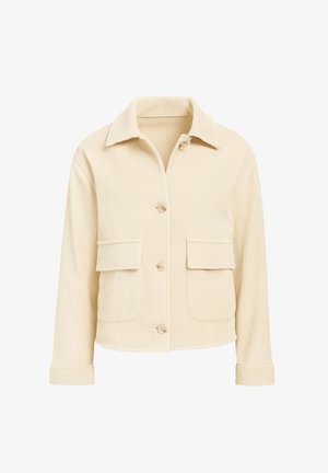 Beige Cord-Jacke mit Kragen, vorderem Knopfverschluss und zwei aufgesetzten Taschen. Strukturierter Stoff mit geripptem Muster.