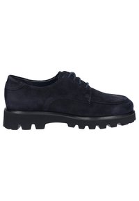 Navy suede lace-up shoes with a rounded toe and thick black rubber sole featuring a rugged tread pattern for traction.